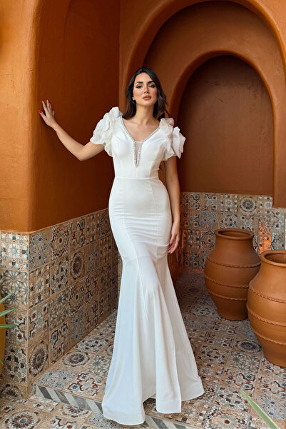 Sindimoda Kolları Tül Derin V Yaka Taş İşleme Abiye 0200