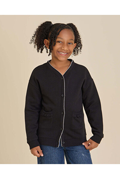 REDTAG Girls Black Button Front Fleece Cardigan