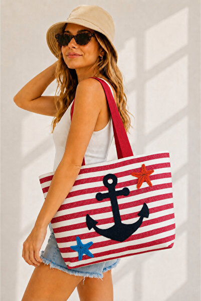 Arsenis Beach Punch Embroidered Zippered Large Women's Beach Bag