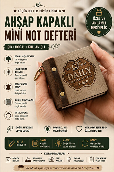 ROKH 🌿 Ahşap Kapaklı Mini Not Defteri Daily Notes & Ideas Deri Detaylı Hediy...
