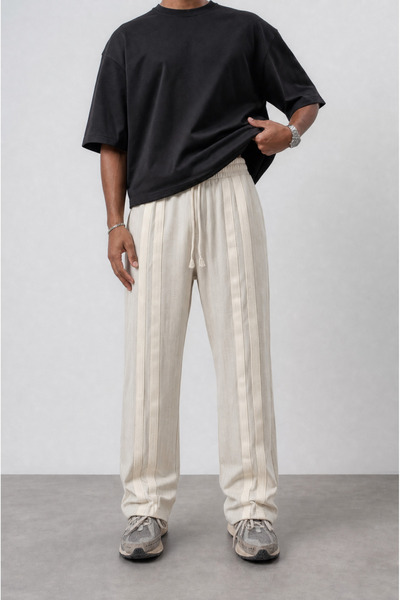 Respire Men's Front Stripe Detailed Baggy Sweatpants Beige