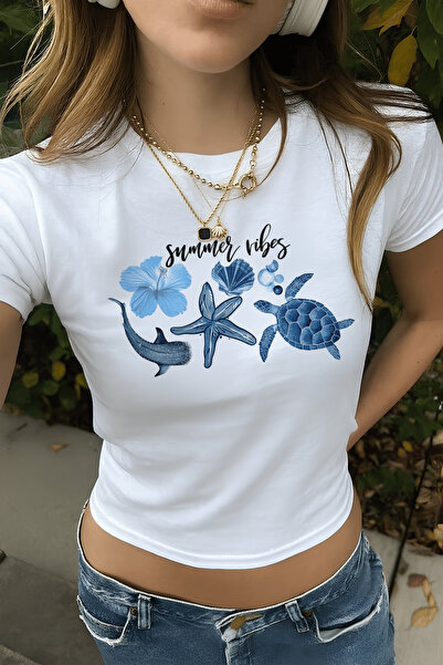 designedfy Γυναικεία Summer Vibes Βαμβακερά Κροπ Τοπ με στάμπα σε λευκό χρώμα