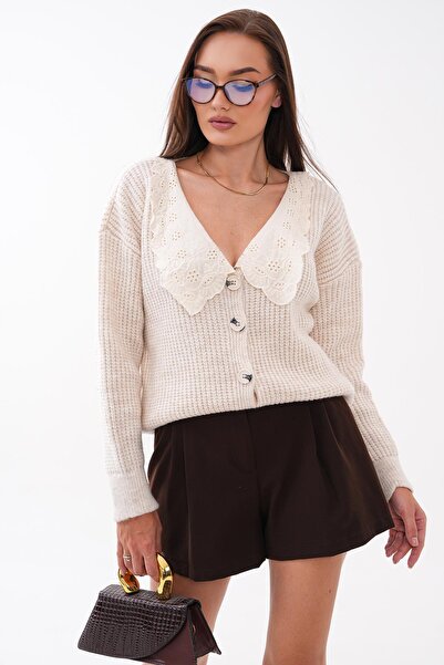 ŞİMAL Women's Lace Collared Button Closure Knitted Cardigan 265030