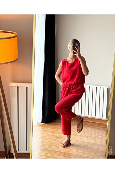 Kadın Kırmızı Kolsuz Bluz Pantolon İkili Takım Dokuma Modal Kumaş