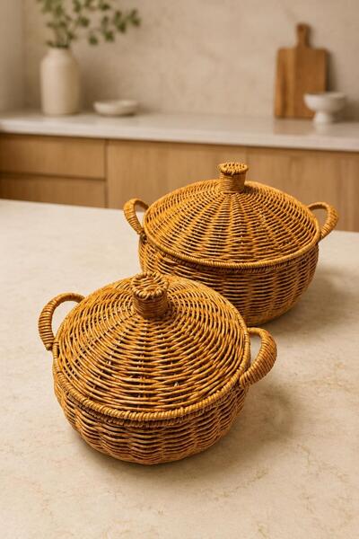 İLİVA Set of 2 Rattan Serving Baskets with Lids – Pot with Handles, Bread Bas...