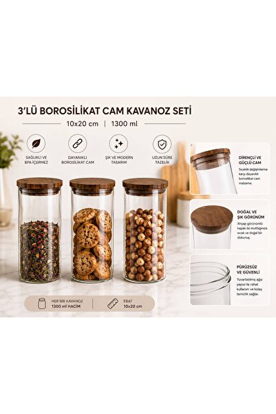 3 Adet Cam 1300 ml Akasya Vakumlu Kapak Erzak Kavanozu Saklama Kabı