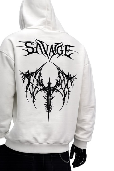 ZAVIXO Savage Baskılı Kapüşonlu Oversize Sweatshirt Gotik Tribal Sırt Desenli...