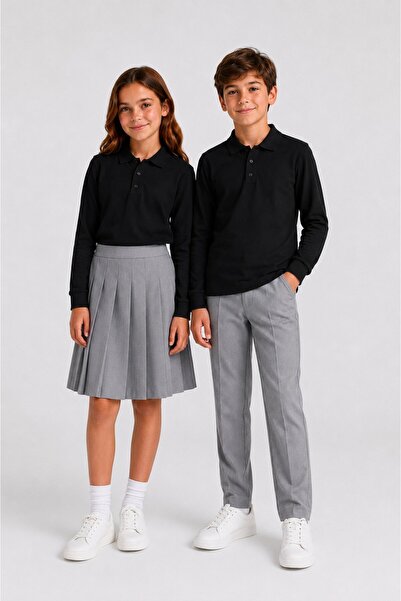 The Clover Girls & Boys Unisex Black 100% Cotton Polo Collar Long Sleeve 2-Pi...