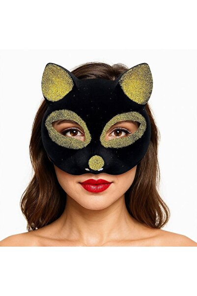 pınaxar Black Color Gold Glitter Suede Coated Cat Mask 18X14 cm