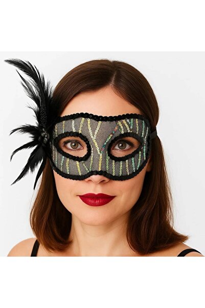 pınaxar Black color side feathers sequin embroidered party mask 23x12 cm