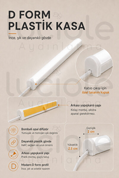 luciole 220V Beyaz LED Bar 50 cm Fişli Anahtarlı Yapışkanlı Tezgah Altı Dolap İçi Aydınlatma