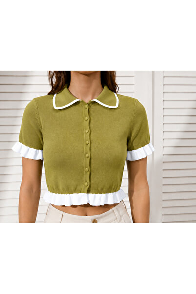 Pollena . Oil Green Crop Cardigan with Buttons Hn1825