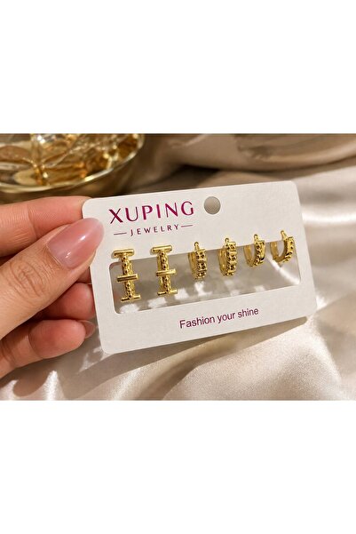 XUPING JEWELRY 14k Desenli Antialerjik Çoklu Halka Kadın Küpe Seti
