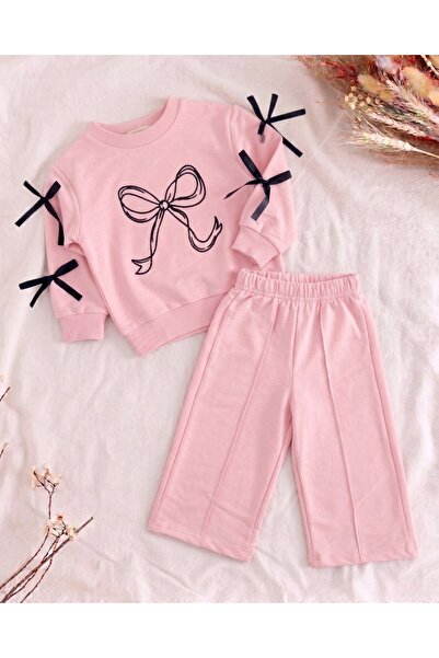 VOY KİDS Girl's Bow Detailed 2-3-4-5 Years Old Stylish 2-Piece Set with Wide-...