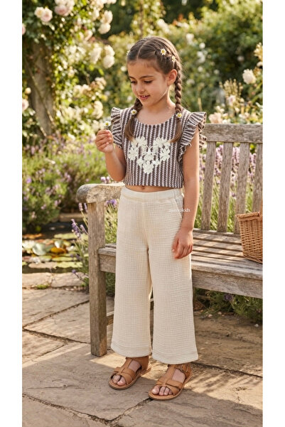 Minivo Kids Kız Çocuk Çiçek Nakışlı Bluz Ve Pantolon 2'li Takım