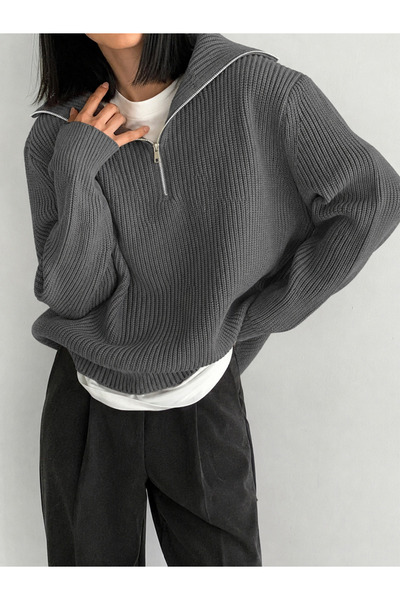 POİNE Women's Turn-Down Collar Oversize Thessaloniki Knit Zippered Basic Knit...