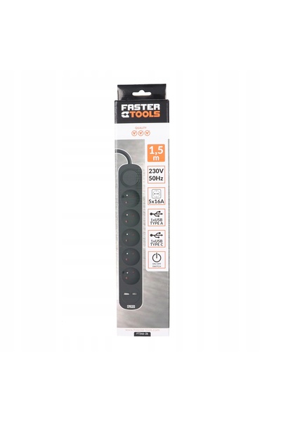 NO BRAND FASTER TOOLS prelungitor negru cu 5 prize, 1,5 m, cu întrerupător US...