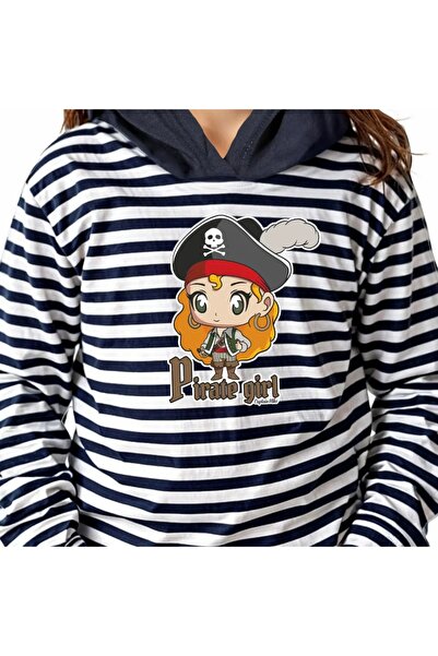 NO BRAND Tricou de fată PIRAT, cu glugă, lung mânecă, dungi, Căpitanul Mike 8...