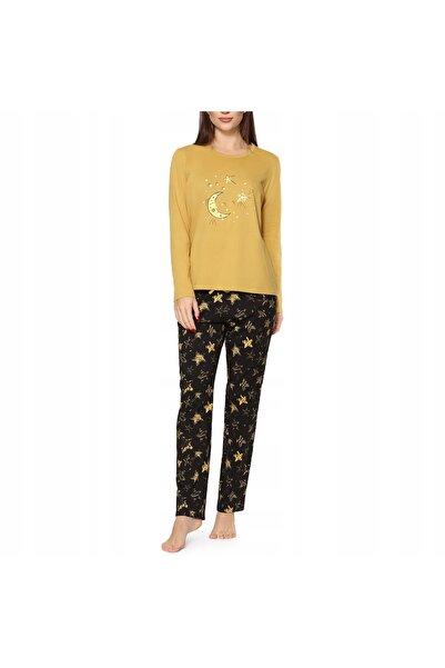 NO BRAND Pijamale de damă din bumbac, cu mânecă lungă, MS-417 Muștar M