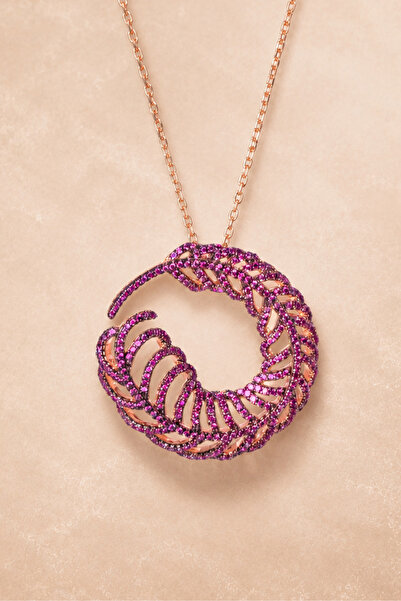 925 Ayar Gümüş Rose Gold Kaplama Pembe Tüy Formlu Çelenk Kolye - Feather Halo