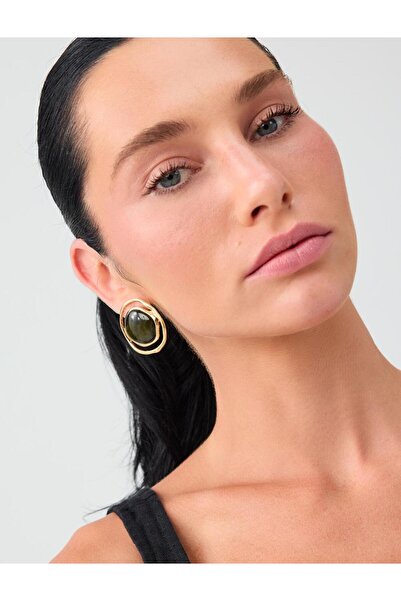 Jimmy Key Khaki Oval Frame Formed Stone Detailed Earrings