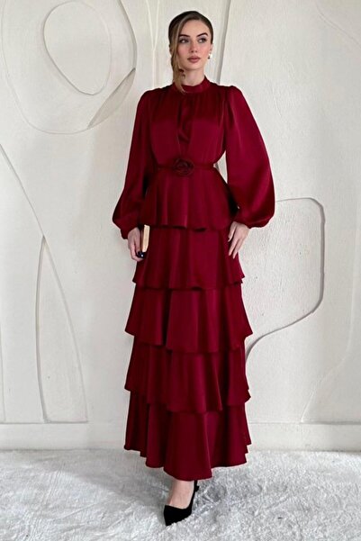 Generic Brand Burgundy Satin Rose Detailed Layered Dress