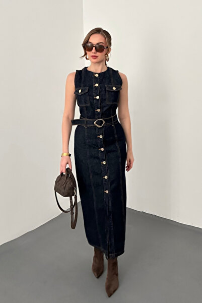 Elbee Fashion Woman Ναυτικό μπλε τζιν φόρεμα με χρυσά κουμπιά και ζώνη