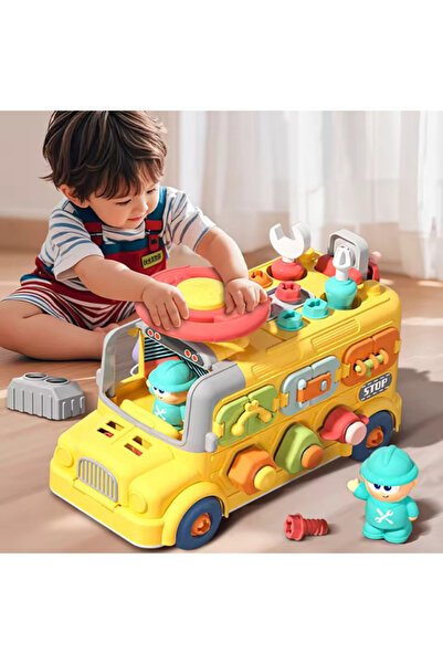 PinkBlue Autobuz educativ Montessori cu șuruburi, unelte, încuietori și 43+ p...