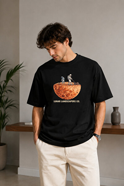BAGAND Premium Astronaut Moon Printed Oversize Unisex T-Shirt Black Space The...
