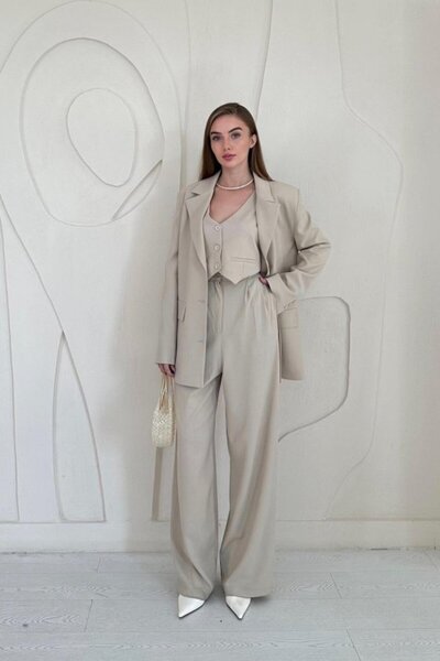 ELBEE Beige Classy Jacket, Vest and Pants Set