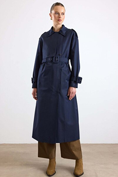 Olcay Oversized Trench Coat with Buckle Accessories and Water-Repellent Featu...
