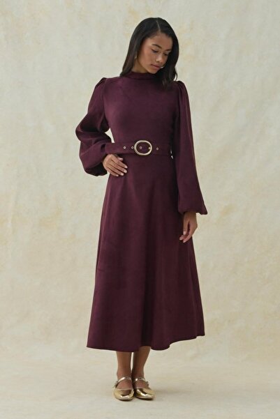 Generic Brand Purple Judge Collar Detailed Belted Balloon Sleeve Dress