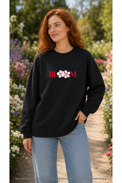 caddekombin Women's Floral Detailed Bloom Graphic Printed Round Crew Neck Lon...