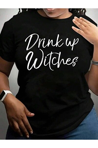 23ERVA تي شيرت برسومات سوداء مضحكة للنساء بتصميم "Drink Up Witches Halloween"