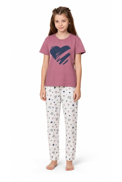 turkish Girls' Dark Pink "Chilling" Heart Print Top and Heart Print Pants Pajama Set
