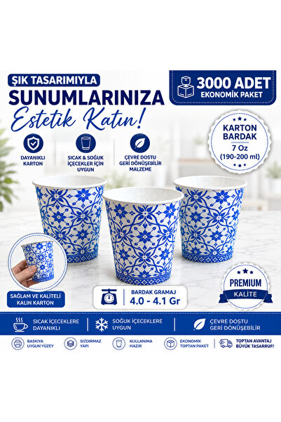 maycup 7 Oz Karton Bardak 3000 Adet Mavi Çini Desen