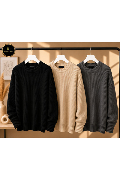DepoExport Women's 3-Piece Crew Neck Oversize Knitwear Sweater Soft Knitted S...