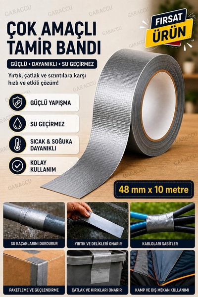garaccu Su Geçirmez Sızdırmaz İzolasyon Çadır Sineklik Çatı Branda Tamir Bandı Bant Gri 10 Metre