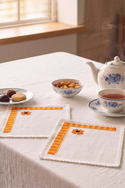 Rivaİstanbul Orange Floral Patterned Handmade 2-Piece Presentation Napkin 14X...