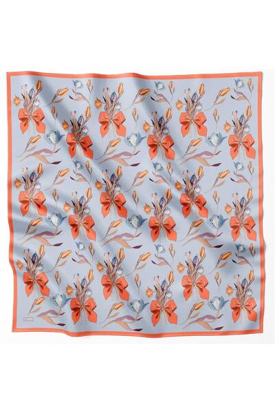 Belli Mavi Çiçek Desen %100 Twill İpek Eşarp 4037 - 02
