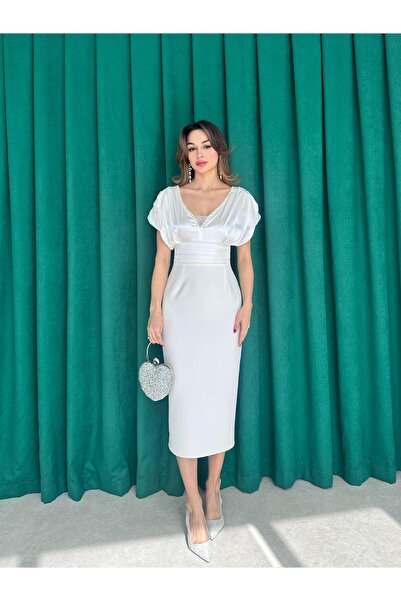Mooi Butik WİCCA Midi Elbise 5022 - Beyaz