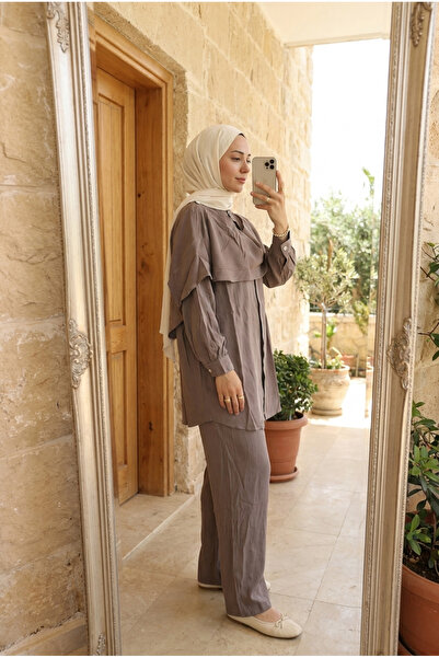 Kirazca Butik Women's Imported Cupra Fabric Cape Detailed Belted Two-Piece Su...