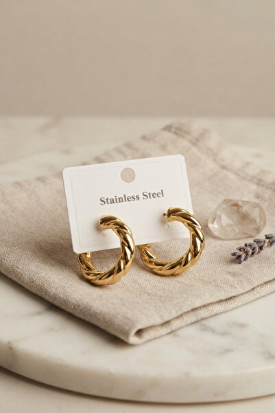 Clariss 316L Steel Gold Color Vintage Curved Hoop Model Earrings