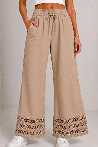 MetuCA Women's Beige Lace-Laced Cotton Linen Wide-Leg Trousers