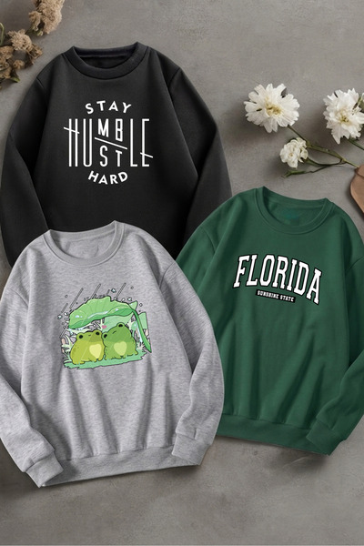 uyguntarz Unisex Mixed Printed Crew Neck Sweatshirt Set – Pack of 3