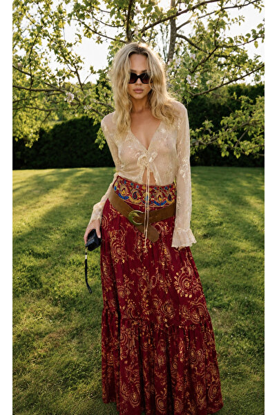 laviyonsa Silk Long Ethnic Patterned Retro Skirt with Embroidered Waistband S...