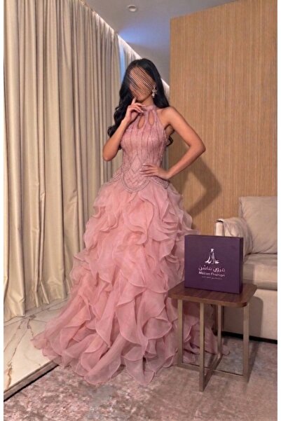 ALTOBAD Pink Organza Strap Evening Dress