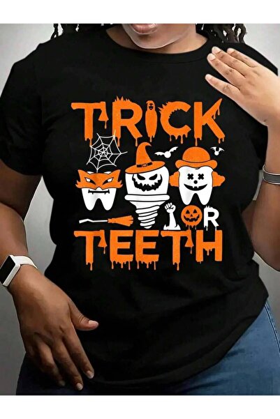 26LIK Trick Or Teeth Funny Dental Treat Dentist Halloween Black Graphic T Shi...