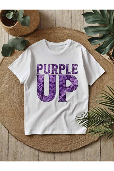 9JY تي شيرت مطبوع للجنسين برقبة مستديرة وقصة فضفاضة؛ يتميز بطباعة "Purple Up"...