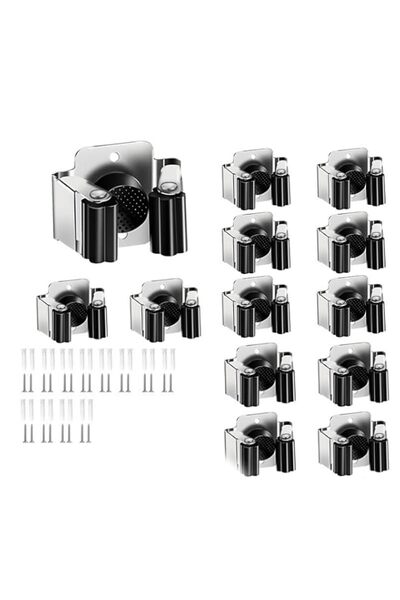 Generic Tazweeq 12 Pcs Broom Wall-Mount Holder, Silver & Black Stainless Stee...